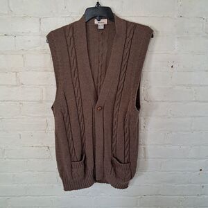 Vintage Mark Shale 100% Wool Brown Cableknit Cardigan Vest Sweater Brown Mens L